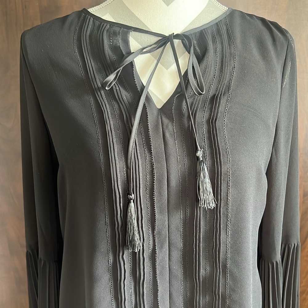 White House Black Market Black Tie Front Pleated Blouse - Picture 3 of 5